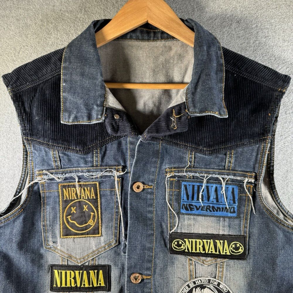 Rich Cotton Denim Nirvana Custom Corduroy Vest Patchwork Size 2XL XXL Distressed - Picture 2 of 12